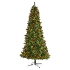 Nearly Natural 9-ft Norway Mixed Pine Artificial Christmas Tree With 650 Clear LED Lights, Pine Cones And Berries Green