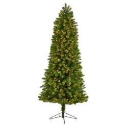 Nearly Natural 7-ft Slim Virginia Spruce Artificial Christmas Tree With 500 Warm White (Multifunction) LED Lights With Instant Connect Technology And 1048 Bendable Branches Green