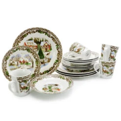 Gibson Home Christmas Toile 16 Piece Dinnerware Set