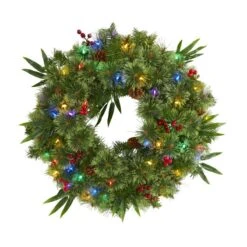 HomPlanti 24" Mixed Pine Artificial Christmas Wreath With 50 Multicolored LED Lights, Berries And Pine Cones