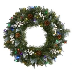 Nearly Natural 24-in Snow Tipped Artificial Christmas Wreath With 50 Multicolored LED Lights, White Berries And Pine Cones