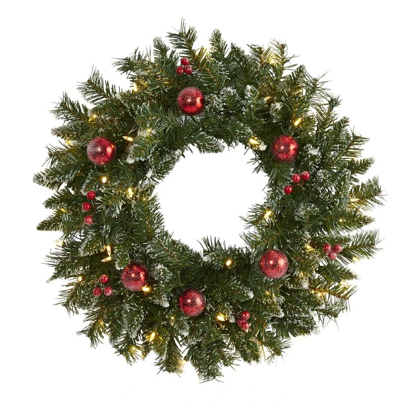 Nearly Natural 24-in Frosted Artificial Christmas Wreath With 50 Warm White LED Lights, Ornaments And Berries 1 Nearly Natural 24-in Frosted Artificial Christmas Wreath With 50 Warm White LED Lights, Ornaments And Berries