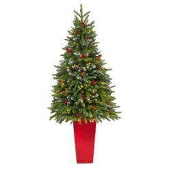 Nearly Natural 62-in Snow Tipped Christmas Tree W/100 LED In Red Planter