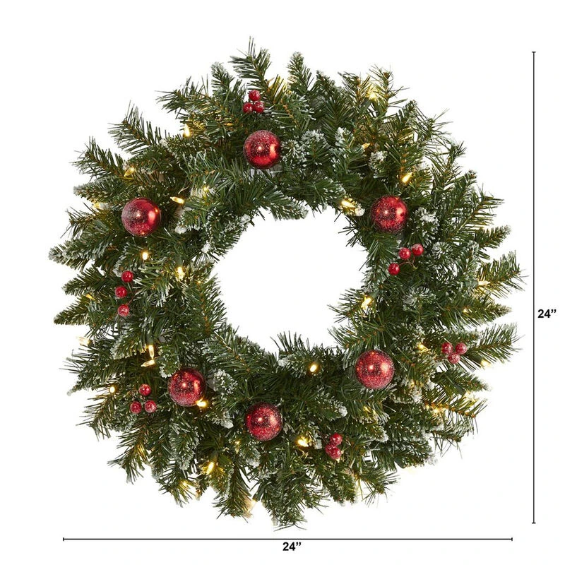 Nearly Natural 24-in Frosted Artificial Christmas Wreath With 50 Warm White LED Lights, Ornaments And Berries 3 Nearly Natural 24-in Frosted Artificial Christmas Wreath With 50 Warm White LED Lights, Ornaments And Berries - Image 3
