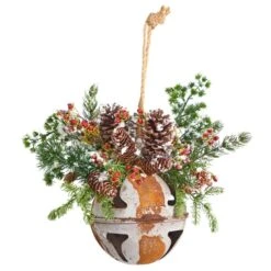 Nearly Natural 16-in Holiday Christmas Jumbo Metal Bell Ornament With Artificial Holly, Berries And Pine