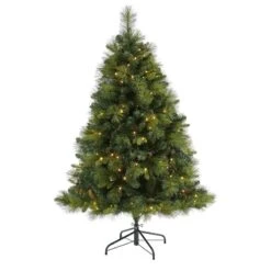 Nearly Natural 5-ft North Carolina Mixed Pine Artificial Christmas Tree With 200 Warm White LED Lights, 711 Bendable Branches And Pinecones Green