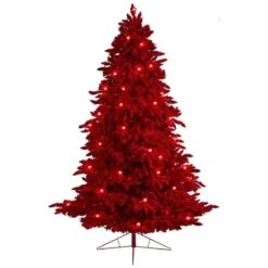 Nearly Natural 8-ft Red Flocked Fraser Fir Artificial Christmas Tree With 700 Red Lights, 45 Globe Bulbs And 1468 Bendable Branches