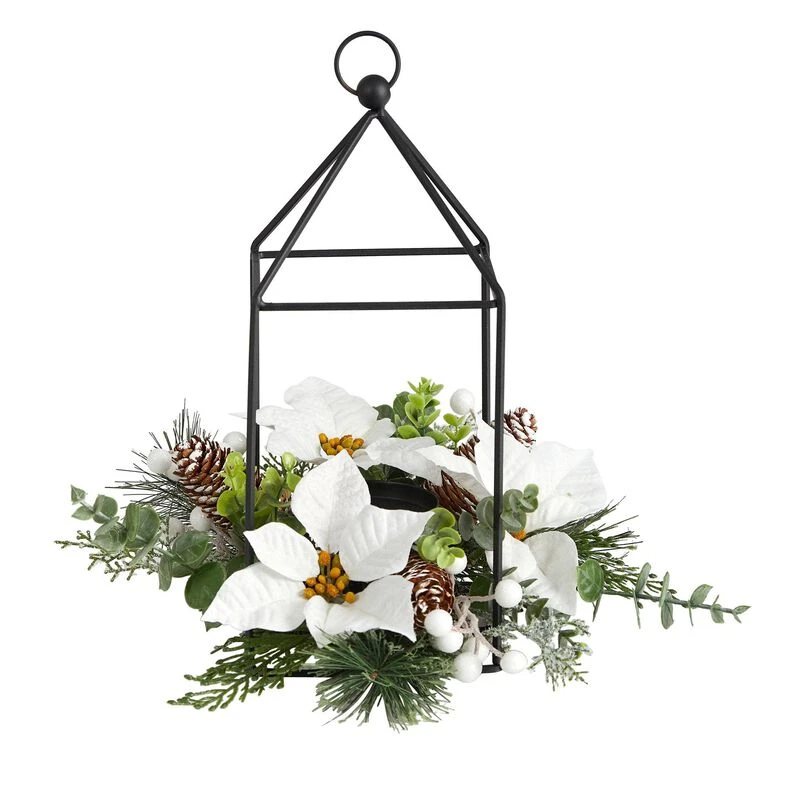 Nearly Natural 14-in Holiday White Poinsettia, Berries And Pine Cone Metal Candle Holder Table Christmas Artificial Arrangement 1 Nearly Natural 14-in Holiday White Poinsettia, Berries And Pine Cone Metal Candle Holder Table Christmas Artificial Arrangement