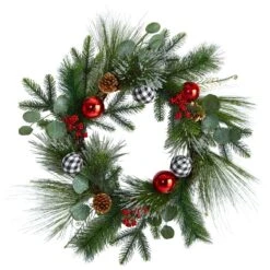 HomPlanti 24" Berry And Pinecone Artificial Christmas Wreath With Ornaments