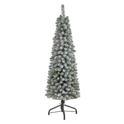 Nearly Natural 5-ft Flocked Pencil Artificial Christmas Tree With 318 Bendable Branches White/Green