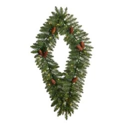 Nearly Natural 3-ft Holiday Christmas Geometric Diamond Wreath With Pinecones And 50 Warm White LED Lights