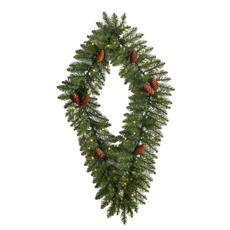 Nearly Natural 3-ft Holiday Christmas Geometric Diamond Wreath With Pinecones And 50 Warm White LED Lights 1 Nearly Natural 3-ft Holiday Christmas Geometric Diamond Wreath With Pinecones And 50 Warm White LED Lights