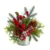 Nearly Natural 12-in Holiday Winter Pinecones, Berries, Greenery And Plaid Bow Artificial Christmas Table Arrangement