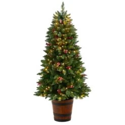 HomPlanti 5 Feet Frosted Colorado Aspen Pre-Lit Artificial Porch Christmas Tree With 200 LED Lights, 426 Bendable Branches And Berries In Decorative Planter