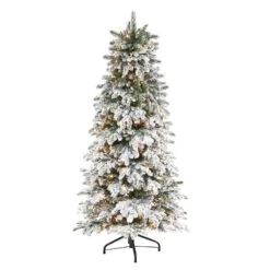 Nearly Natural 6-ft Flocked North Carolina Fir Artificial Christmas Tree With 450 Warm White Lights And 1560 Bendable Branches
