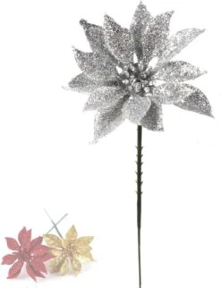 Shimmering Silver Glitter Poinsettia Christmas Tree Picks 24 Packs - Festive Holiday Decorations For Xmas Tree, Wreaths, And Seasonal Arrangements - Popular And Trendy Selection