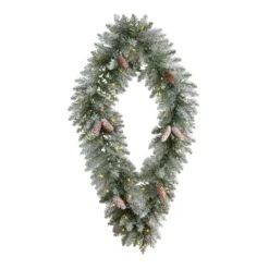 Nearly Natural 3-ft Holiday Christmas Geometric Diamond Frosted Wreath With Pinecones And 50 Warm White LED Lights