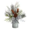 Nearly Natural 20-in Holiday Winter Greenery With Pinecones And Gingham Plaid Bow Table Artificial Christmas Arrangement