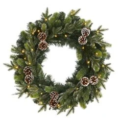 HomPlanti 24" Snowed Pinecone Artificial Christmas Wreath With 35 Clear LED Lights
