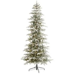 Nearly Natural 7.5-ft Slim Flocked Nova Scotia Spruce Artificial Christmas Tree With 450 Warm White LED Lights And 909 Bendable Branches