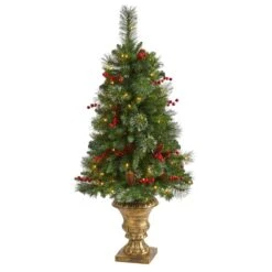 Nearly Natural 4-ft Pine, Pinecone And Berries Artificial Christmas Tree With 100 Clear LED Lights In Decorative Urn