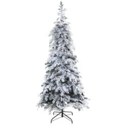 Nearly Natural 7-ft Flocked Montana Down Swept Spruce Artificial Christmas Tree With Pinecones And 400 LED Lights Green