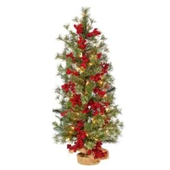 Nearly Natural 3-ft Berry And Pine Artificial Christmas Tree With 50 Warm White Lights And Burlap Wrapped Base