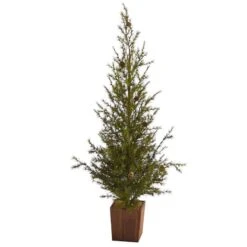 Nearly Natural Alpine “Natural Look-in Artificial Christmas Tree In Wood Planter With Pine Cones Green
