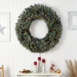 HomPlanti 4" Large Flocked Artificial Christmas Wreath With Pinecones, 150 Clear LED Lights And 360 Bendable Branches -Sunnydaze Decor Shop 3b6322b613cd402d99ade4c4baae4467