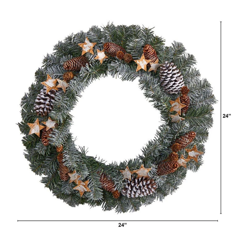 Nearly Natural 24-in Christmas Winter Frosted Stars And Pinecones Holiday Wreath 3 Nearly Natural 24-in Christmas Winter Frosted Stars And Pinecones Holiday Wreath - Image 3