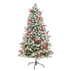 Nearly Natural 6-ft Snow Tipped Norwegian Fir Pre-Lit Artificial Christmas Tree With 200 LED Lights, 50 LED Globe Lights, Berries And 906 Bendable Branches