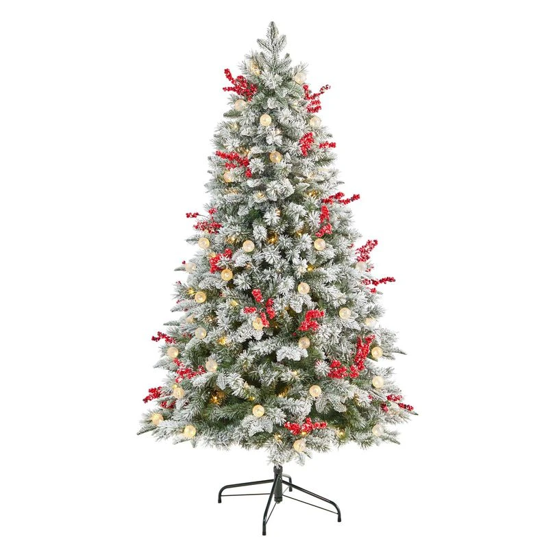 Nearly Natural 6-ft Snow Tipped Norwegian Fir Pre-Lit Artificial Christmas Tree With 200 LED Lights, 50 LED Globe Lights, Berries And 906 Bendable Branches 1 Nearly Natural 6-ft Snow Tipped Norwegian Fir Pre-Lit Artificial Christmas Tree With 200 LED Lights, 50 LED Globe Lights, Berries And 906 Bendable Branches