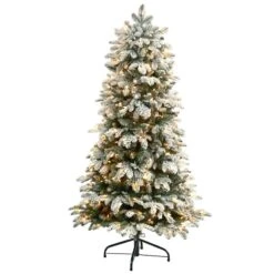 Nearly Natural 5-ft Flocked North Carolina Fir Artificial Christmas Tree With 350 Warm White Lights And 1247 Bendable Branches Green