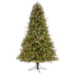 Nearly Natural 6.5-ft Lightly Frosted Big Sky Spruce Artificial Christmas Tree With 450 Clear (Multifunction) LED Lights With Instant Connect Technology, Berries, Pine Cones And 904 Bendable Branches