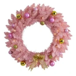 Nearly Natural 24-in Pink Artificial Christmas Wreath With 35 LED Lights And Ornaments