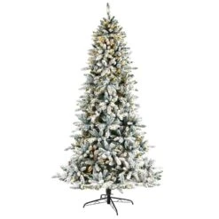 Nearly Natural 8-ft Flocked Livingston Fir Artificial Christmas Tree With Pine Cones And 500 Clear Warm LED Lights