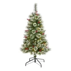 Nearly Natural 4-ft Frosted Swiss Pine Artificial Christmas Tree With 100 Clear LED Lights And Berries Green