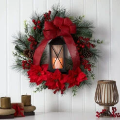 Nearly Natural 28-in Poinsettia And Berry Holiday Lantern Christmas Wreath With LED Candle -Sunnydaze Decor Shop 4ac725a4b8584424b2c13788f52b3725