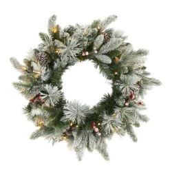 Nearly Natural 20-in Flocked Mixed Pine Artificial Christmas Wreath With 50 LED Lights, Pine Cones And Berries