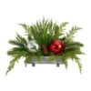 Nearly Natural 18-in Holiday Winter Cedar Pine Artificial Table Christmas Arrangement With Ornaments, Home Décor