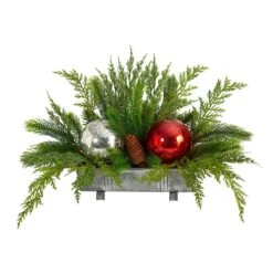 Nearly Natural 18-in Holiday Winter Cedar Pine Artificial Table Christmas Arrangement With Ornaments, Home Décor