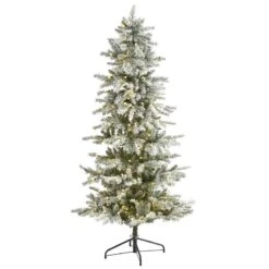 Nearly Natural 6.5-ft Slim Flocked Nova Scotia Spruce Artificial Christmas Tree With 300 Warm White LED Lights And 699 Bendable Branches Green