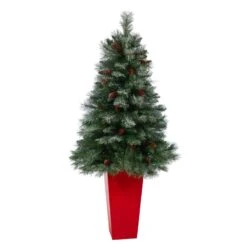 Nearly Natural 55-in Snowed French Alps Mountain Pine Artificial Christmas Tree With 237 Bendable Branches And Pine Cones In Red Tower Planter
