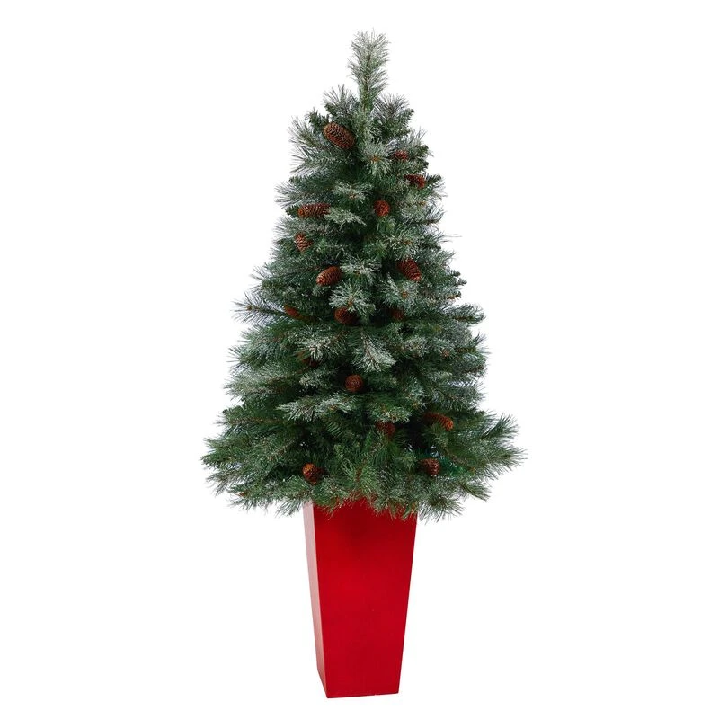 Nearly Natural 55-in Snowed French Alps Mountain Pine Artificial Christmas Tree With 237 Bendable Branches And Pine Cones In Red Tower Planter 1 Nearly Natural 55-in Snowed French Alps Mountain Pine Artificial Christmas Tree With 237 Bendable Branches And Pine Cones In Red Tower Planter