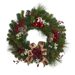 HomPlanti 24" Christmas Pine Artificial Wreath With Pine Cones And Ornaments
