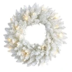 Nearly Natural 18-in White Colorado Spruce Artificial Christmas Wreath With 129 Bendable Branches And 20 Warm LED Lights White