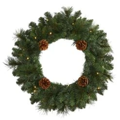 HomPlanti 20" Pine Artificial Christmas Wreath With 35 LED Lights And Pinecones