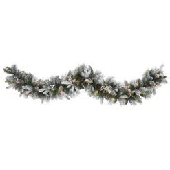 HomPlanti 6" Flocked Mixed Pine Artificial Christmas Garland With 50 LED Lights, Pine Cones And Berries