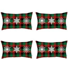 HomeRoots Set Of 4 Christmas Snowflake Trio Plaid Lumbar Throw Pillows
