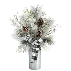 Nearly Natural 28-in Frosted Greenery And Pinecone With Plaid Bow Artificial Christmas Arrangement In Decorative Tin